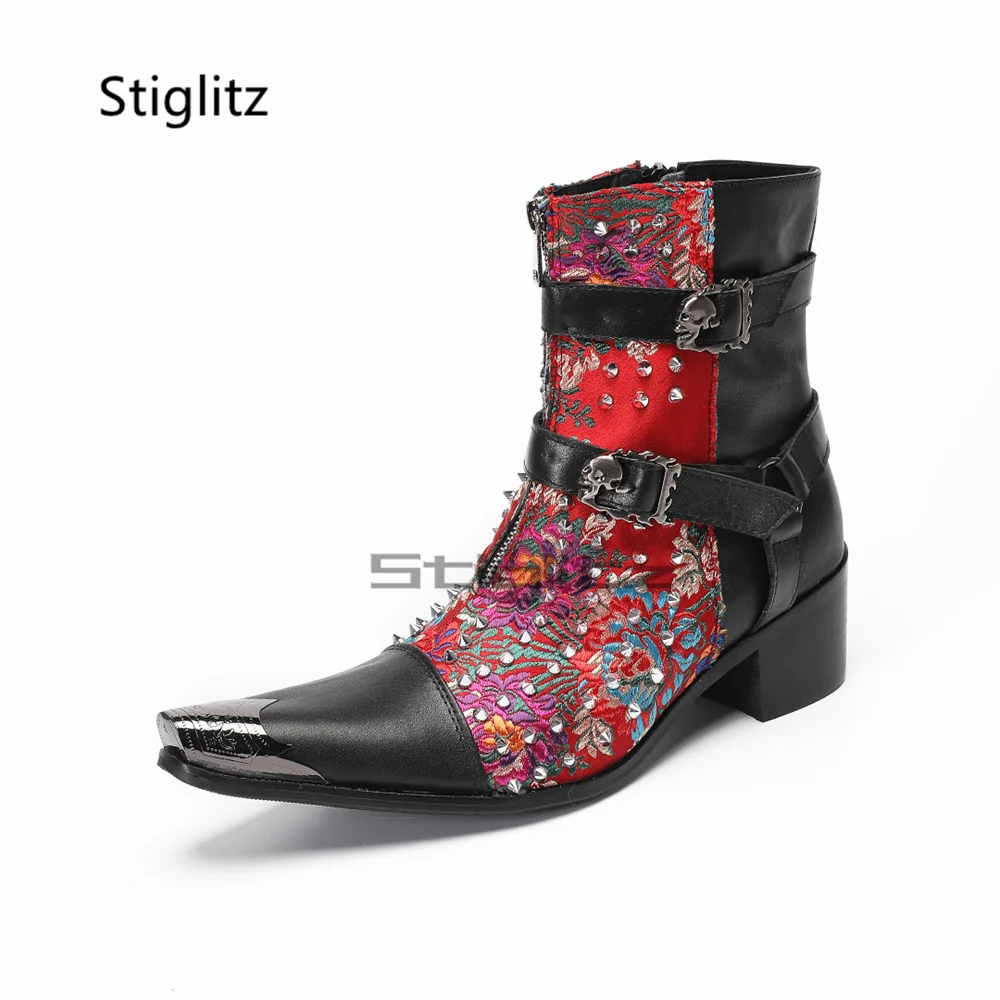 الزهور التطريز المسامير تشيلسي أحذية الرجال عالية الكعب جلد طبيعي المرقعة مشبك مزدوج حذاء من الجلد المعادن تو الذكور الأحذية