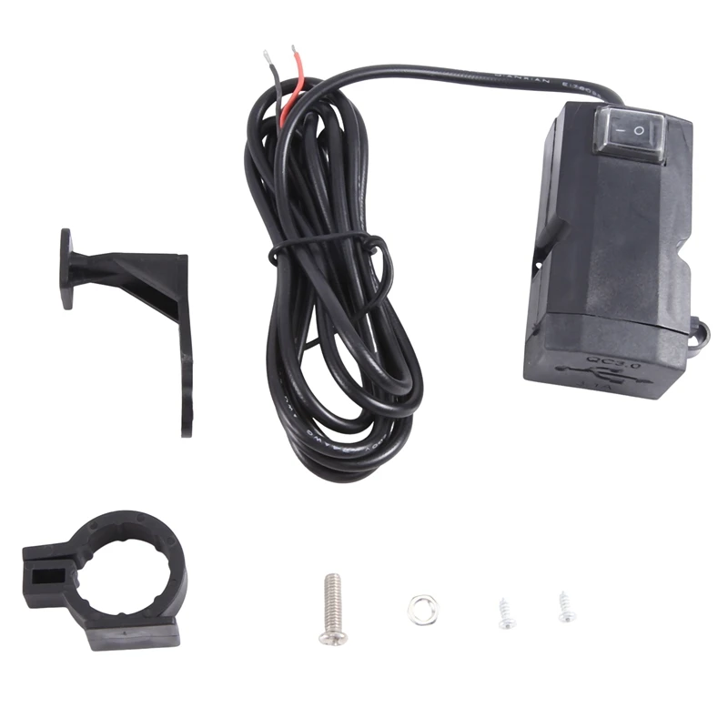 1 Piece Motorcycle Handlebar Charger Adapter Power Supply Socket Black Plastic 12V-24V QC3.0/3.1A Dual USB Port