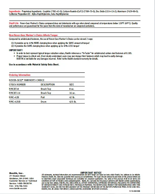 Bostik Never-Seez Mariner's Choice 8oz زيوت التشحيم لتجميعات الجوز والمسمار #5
