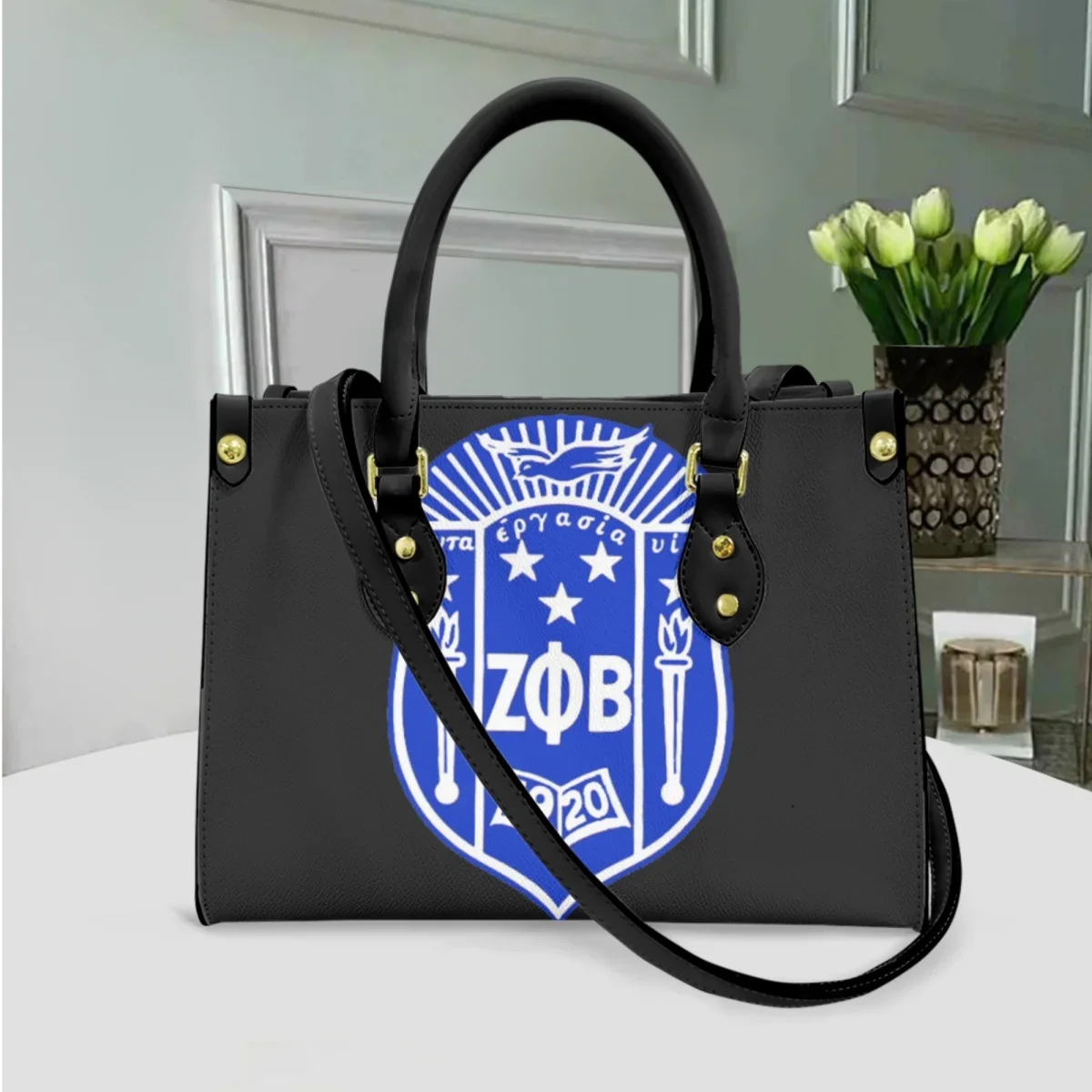 Zeta Phi Beta Print Elegant Black Top Handle Totes Long Shoulder Strap Outdoor Casual Messenger Bag Fashion Trendy Handbags Gift