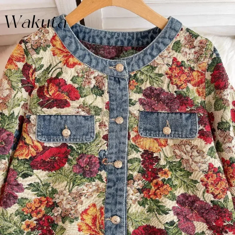 WAKUTA French Retro Round Neck Long-sleeved Jackets Loose Fall Small Perfume Metal Buckle Jacket Versatile Jacquard Denim Blouse