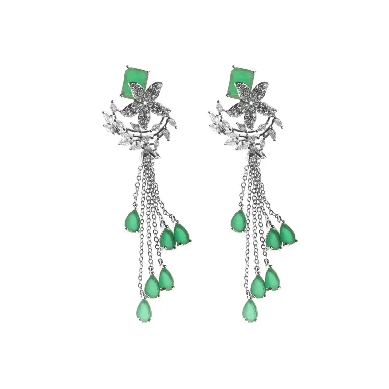 

FXLRY New Elegant retro long cz green tassel drop earring for women bride wedding gift