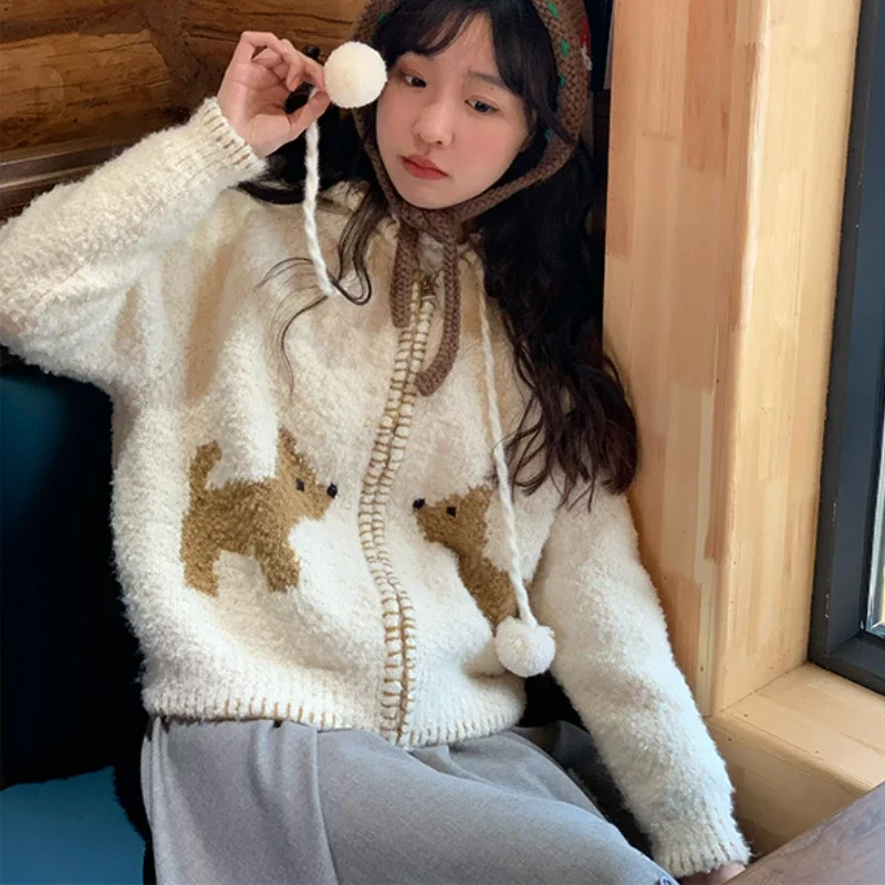 

Autumn Winter Kawaii Knitted Cardigan Women Preppy Style Cartoon Dog Print Hooded Sweater Coat Girls Casual Knitwear Zipper Tops