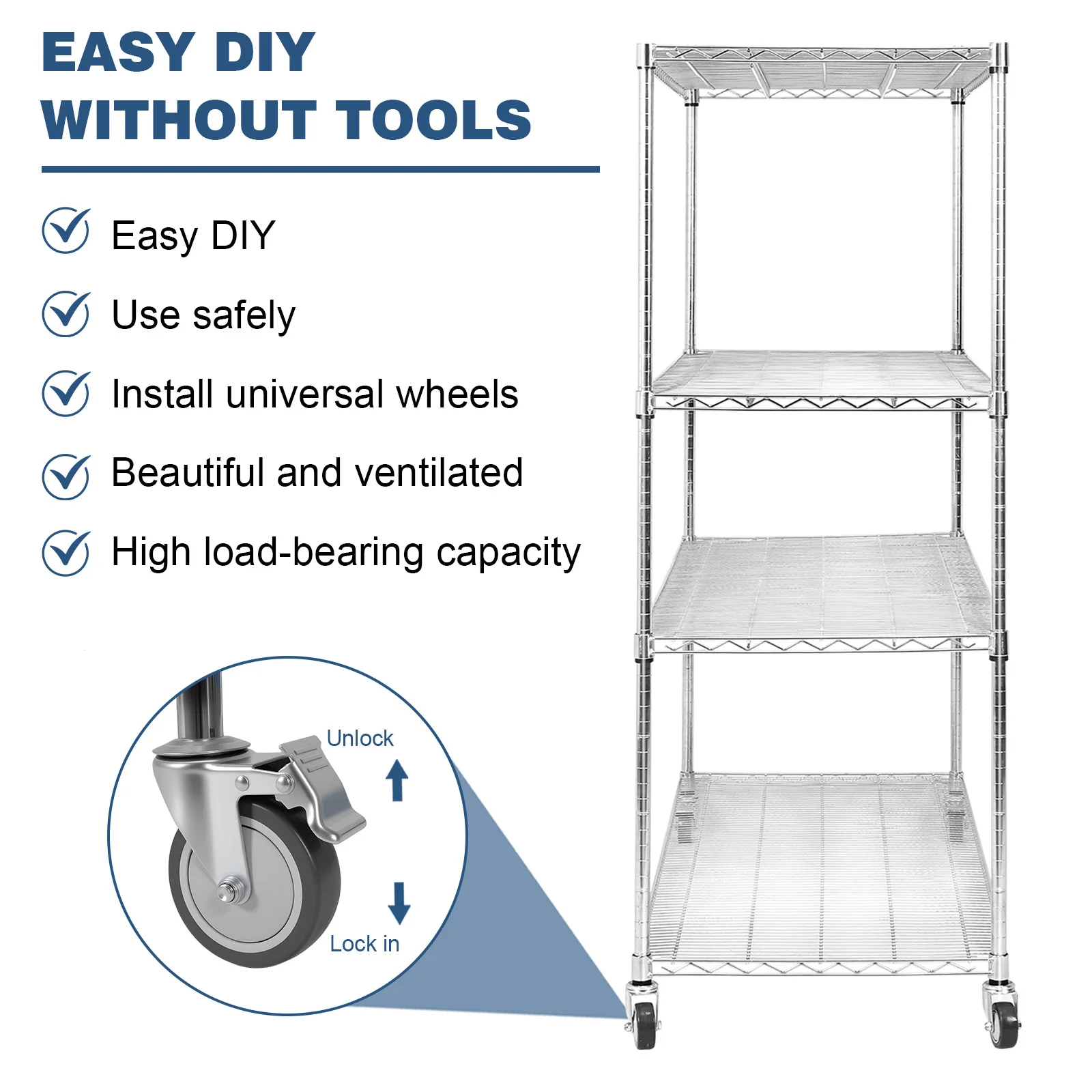 5-Tier 70.87x59.76x23.98in Metaaldraad Rekken met Wielen Opbergrek Organizer voor Magazijn Garage Ziekenhuis Commerciële Ruimte