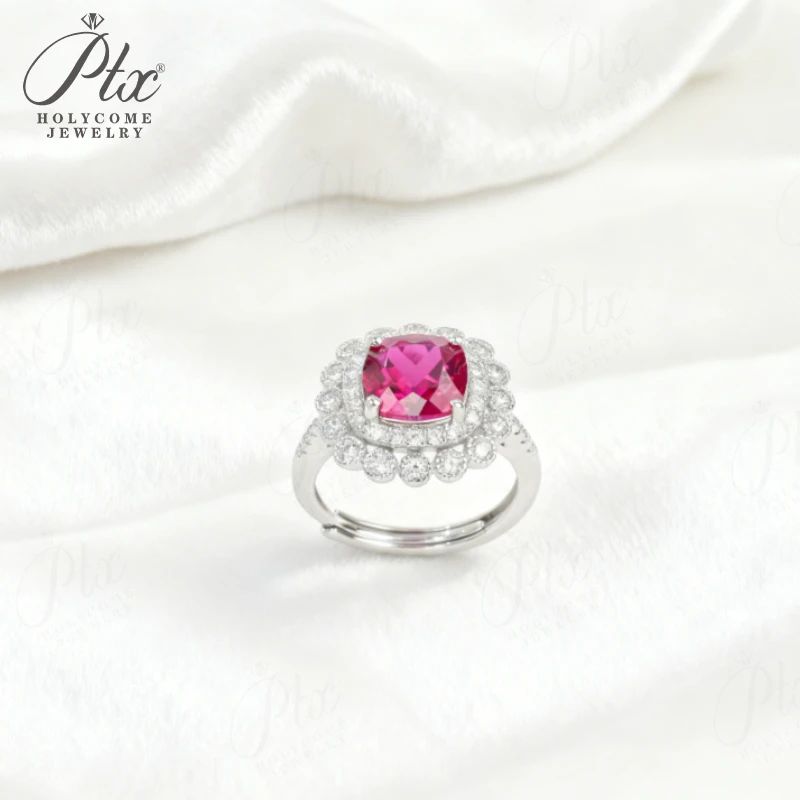 8mm Ring Cushion Cut Flower Band Lab Grown Gemstones Ruby Sapphire Padparadscha 925 Silver Proposal Engagement Vintage Style