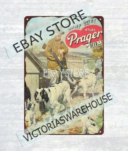 1p,1930s PRAGER BEER hunter shotgun perros JF KERNAN letrero de metal estaño decoración de pared