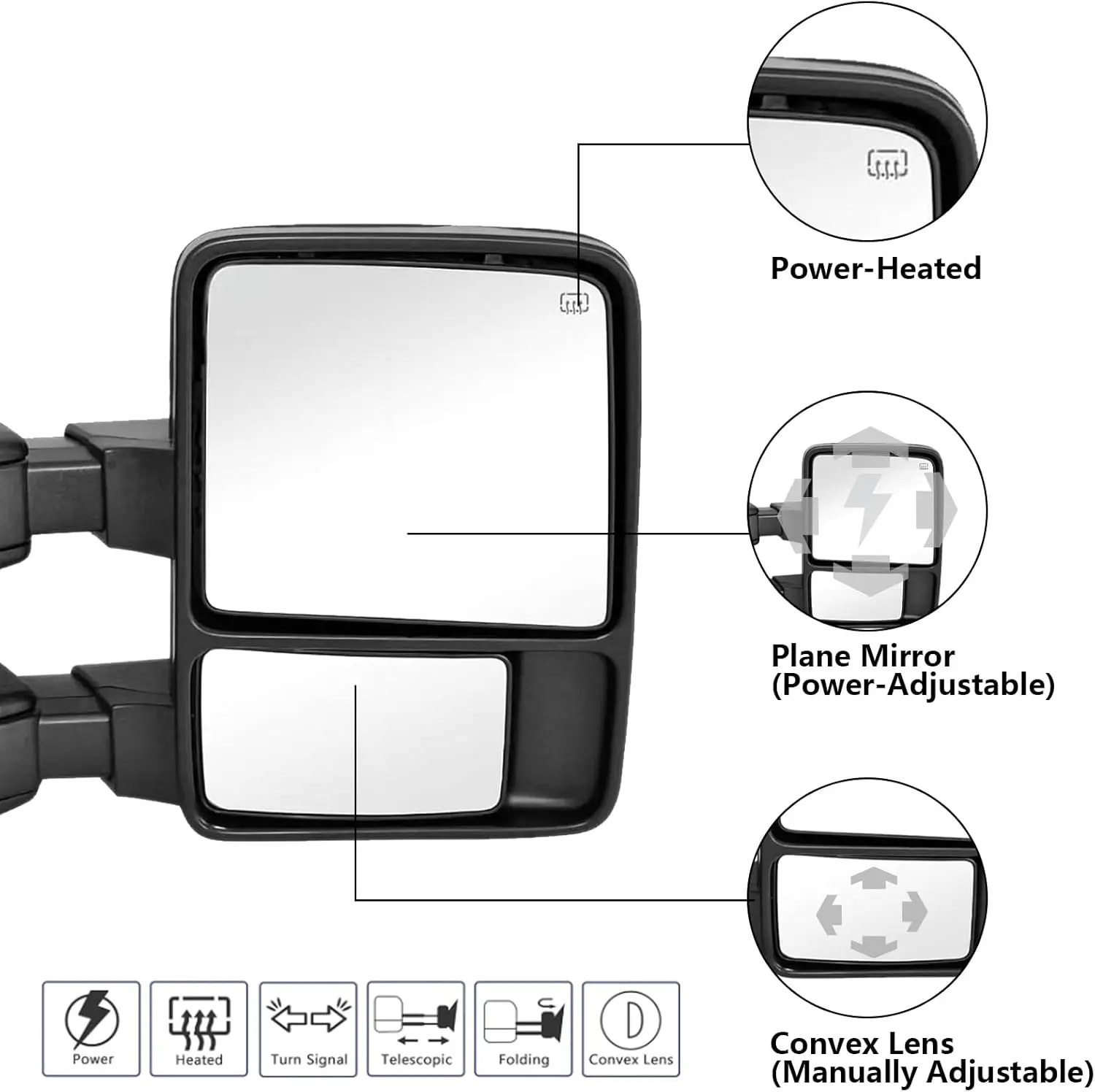 Towing Application for Super Duty Vehicles, Power Heated Material, Smoke Signal Light, Black Color, Left & Right Pair Set