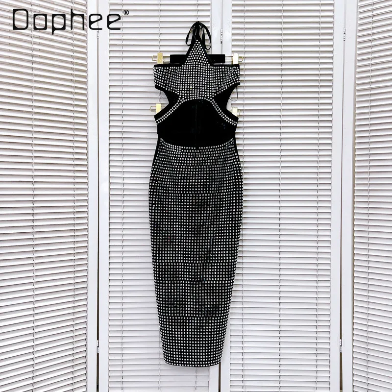 Sexy Camisole Hip-Hugger Rhinestone Black Long Dress for Woman 2024 Spring New Women Small Square Bandage One Piece Mid Dresses