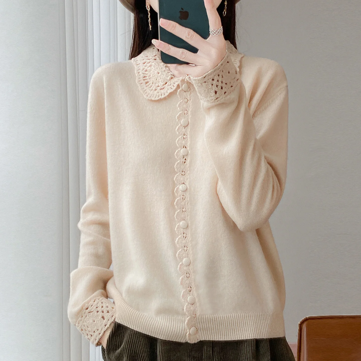 Autumn Winter Women's 100% Merino Wool Cardigan Sweater Peter Pan Collar Hollow Crochet Lace Detail versatile classy Outerwear