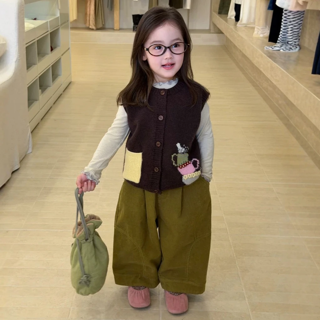 Girls' Suit 2026 Autumn and Winter New Children's Wear Baby Girls Knitted Waistcoat Leggings Corduroy Pants Three-piece Set