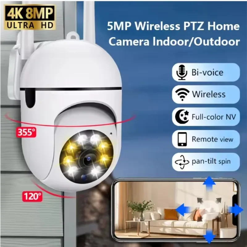 Wireless WiFi PTZ Security Camera Outdoor 360° Pan Tilt IP Cam, Color Night Vision Two-Way Audio Home Surveillance CCTV