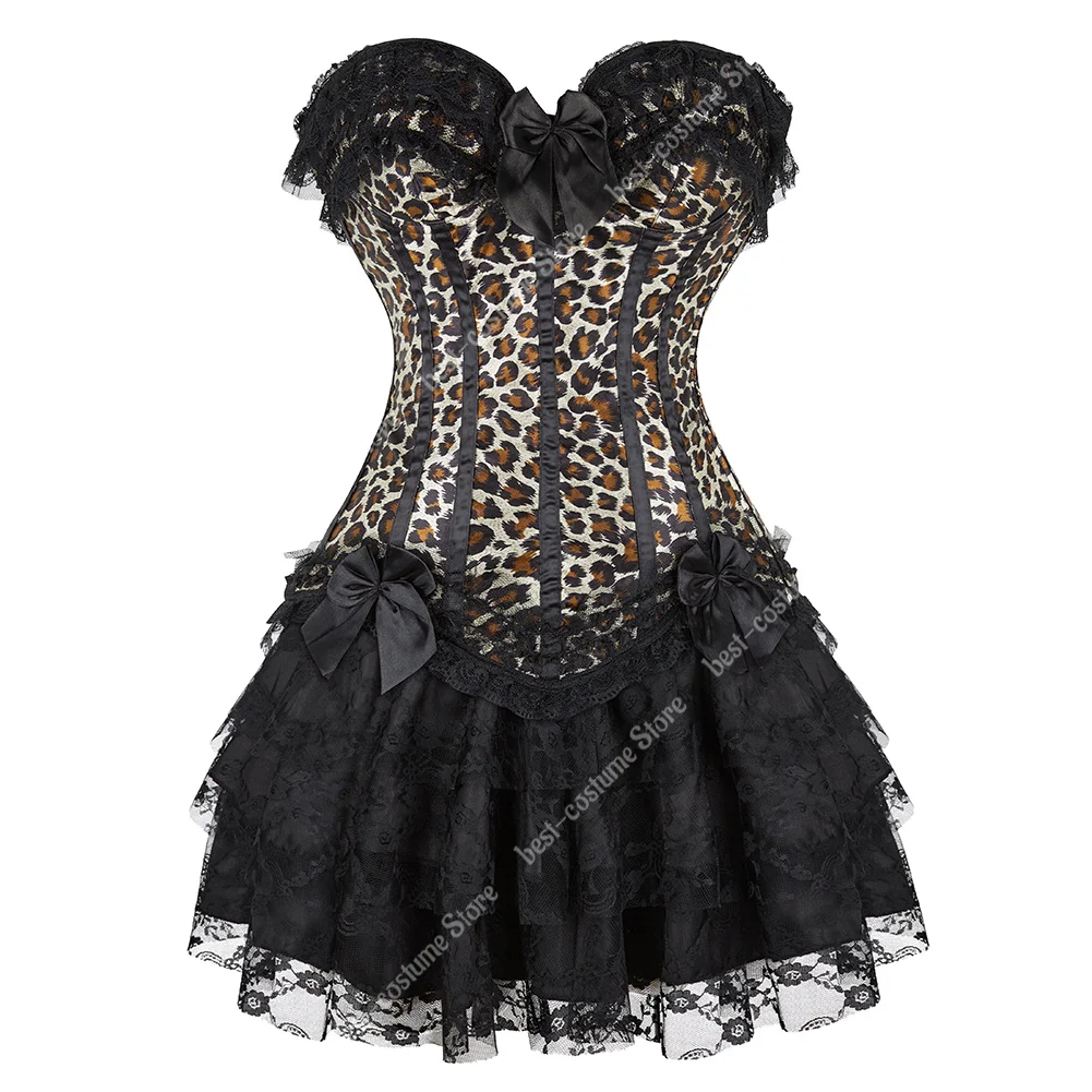 Burlesque Corset Dress for Women Leopard Print Corset Bustier Top Sexy Lace Corset Lingerie Dress Vintage Leopard Outfits