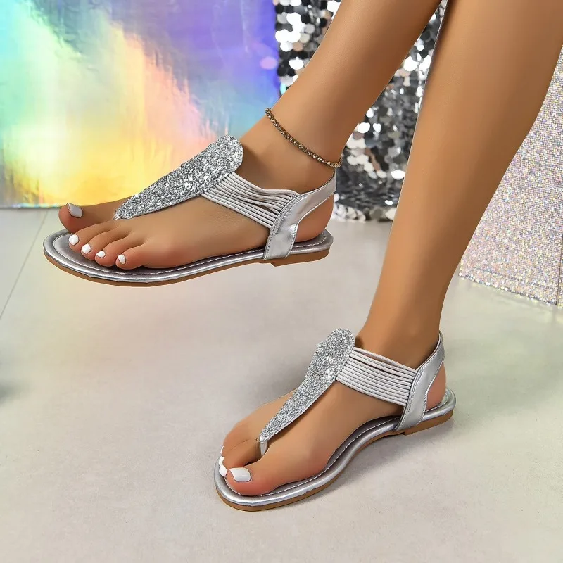 2024 Ladies Summer New Fashion Sequin New Shallow Mouth Slip-On Flat Outdoor Beach Sandals Women's Casual Flip-Toe Sandals