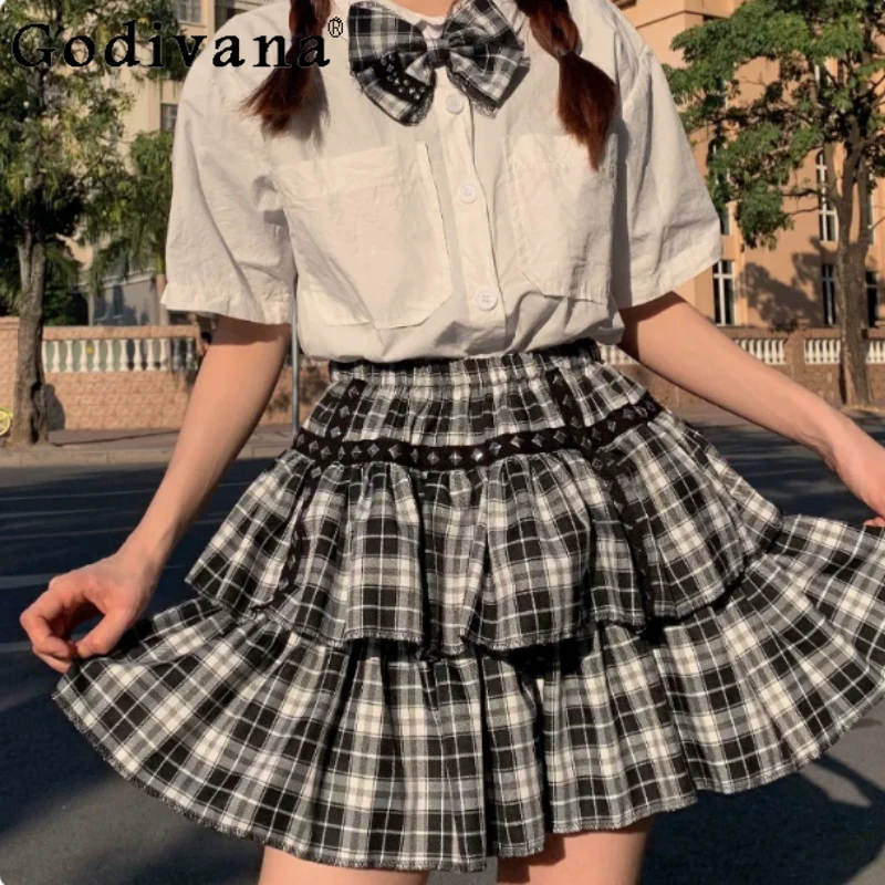 Summer Dark Black White Plaid Heavy Rivet Industry Punk Skirt Fashion High Waist Personality Versatile A-line Double Cake Skirts