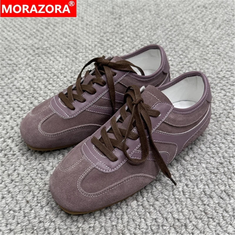

MORAZORA, 6-цветные женские кроссовки из коровьей замши, дышащие кроссовки на плоской подошве со шнуровкой, модная повседневная обувь, фиолетовые туфли на плоской подошве