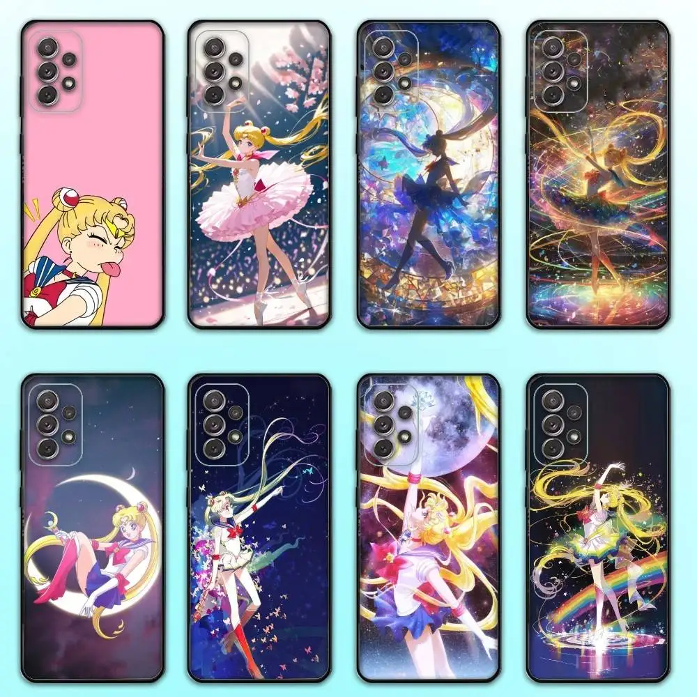 

Cartoon S-Sailor M-Moons Phone Case For Samsung S 25,24,23,22,30,21,10,9,Ultra,Plus,Lite,FE,4,5 G Soft Black Case
