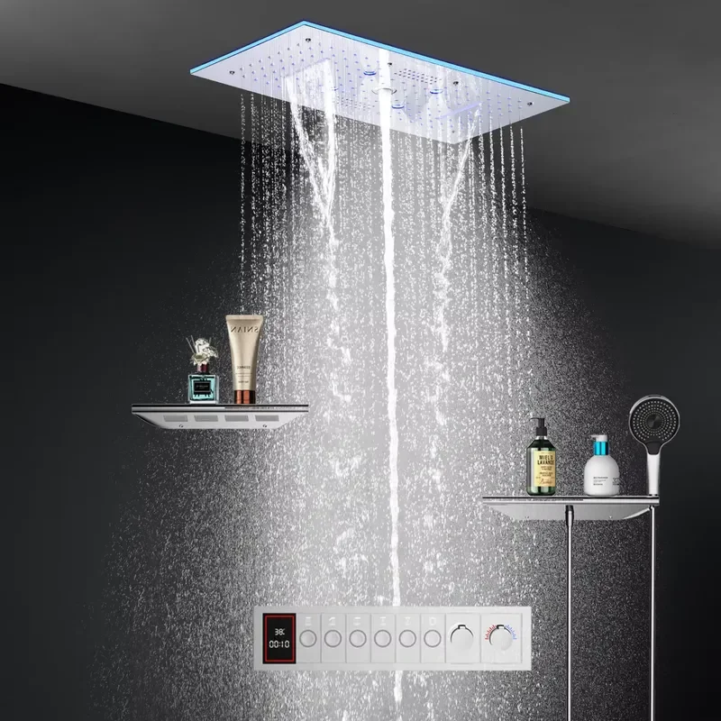 Bathroom Smart Rainfall Waterfall Shower Head Set Ceiling LED Shower Faucets 600*300 MM Thermostatic Shower System