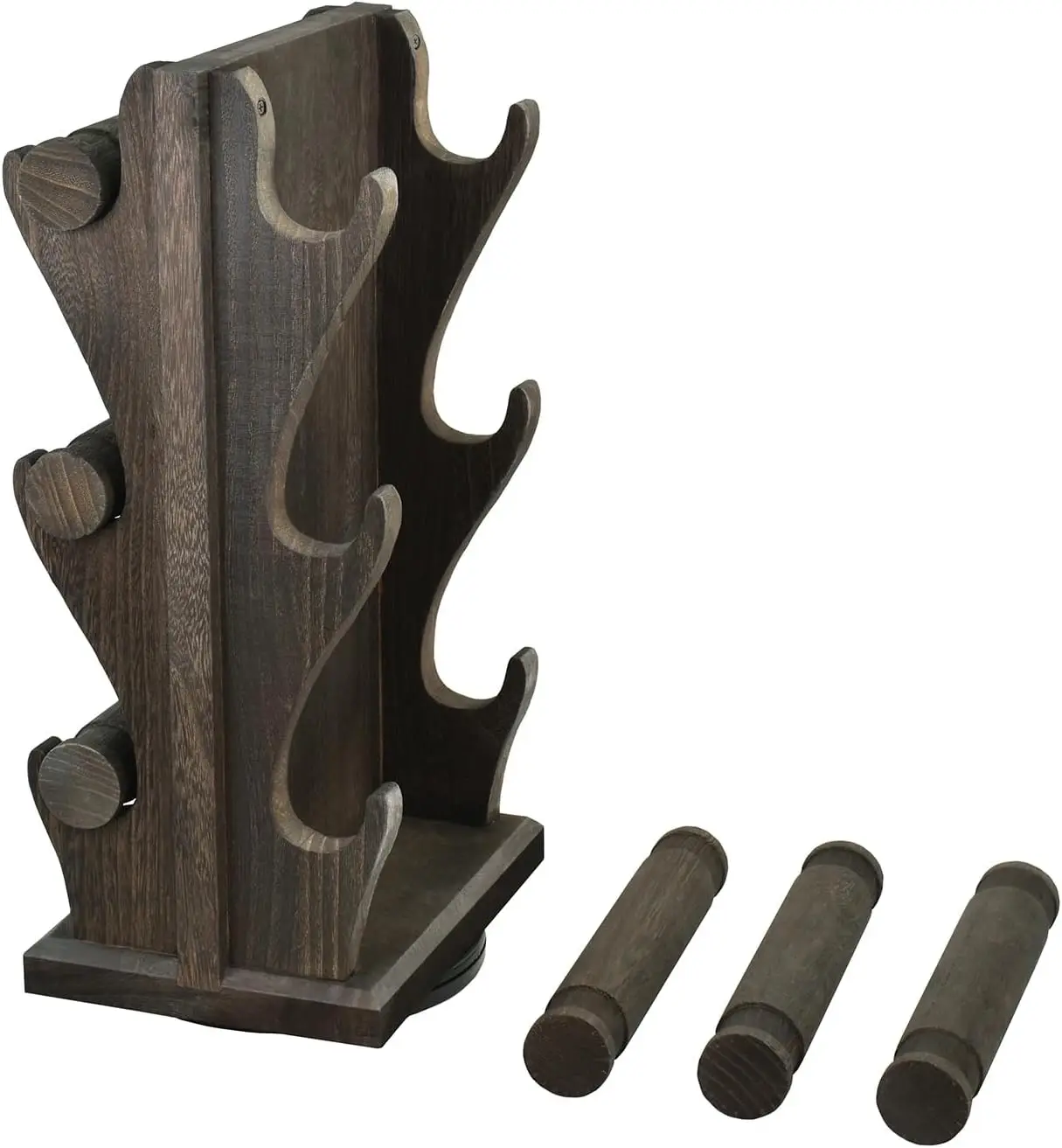 Two-Sided Rotating Wooden Jewelry Stand, 6 Removable Holders, 3-Tier Bangle Organizer, Dark Brown