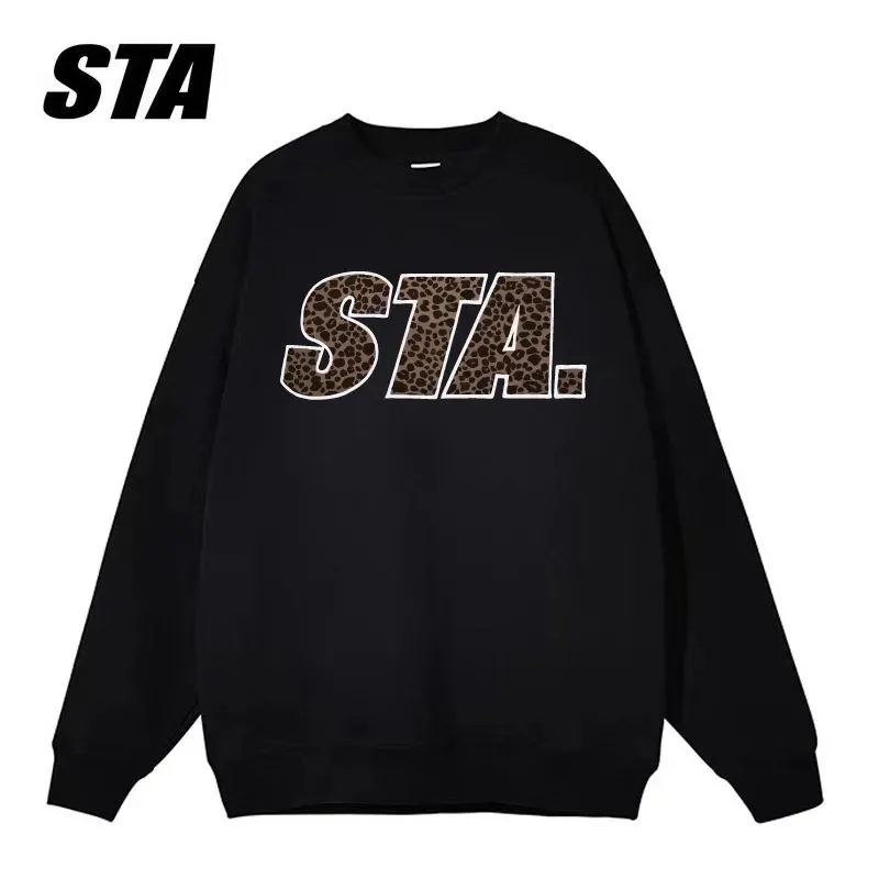 가을 겨울 국가 패션 상의 남녀 커플용 미국 레오파드 프린트 헤비 라운드 넥 스웨트셔츠
