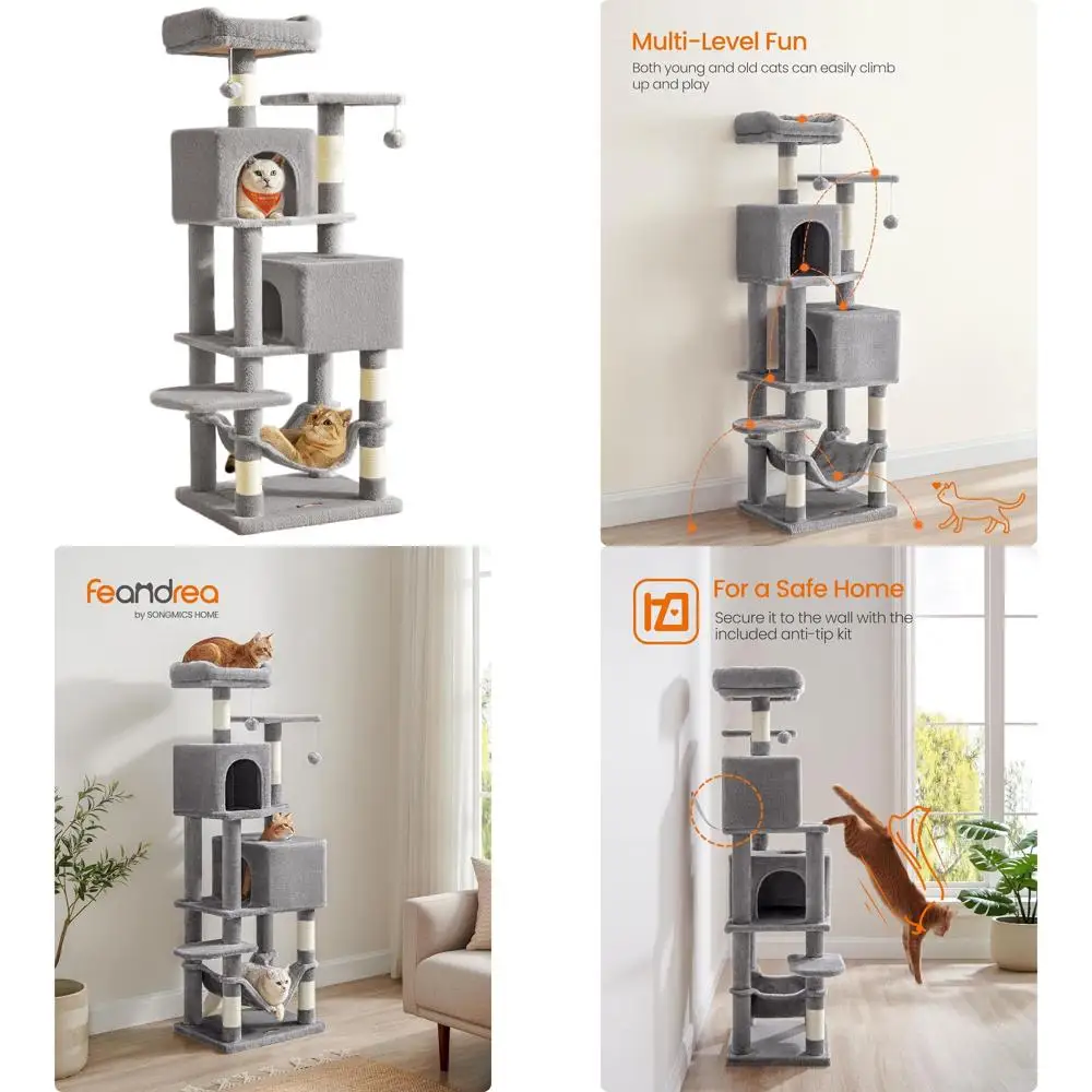 

59.5 Light Gray Cat Tree with 5 Levels, Scratching Posts, Perches, Caves, Hammock, Pompoms - UPCT192W01