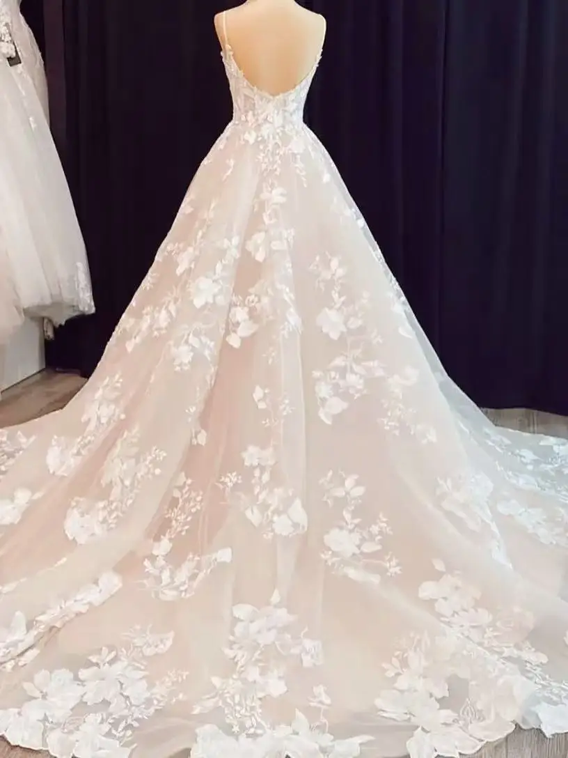 Customizd シャンパンストラップ A ラインのウェディングドレス ノースリーブ アップリケ ブライダルドレス Vestido De Noival