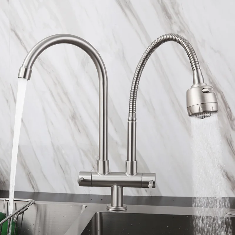 Single Cold Water Kitchen Faucet Steam Deck Kitchen Tap 360 Degree Rotate Spout Sink Faucet Stainless Steel Double Water Outlet