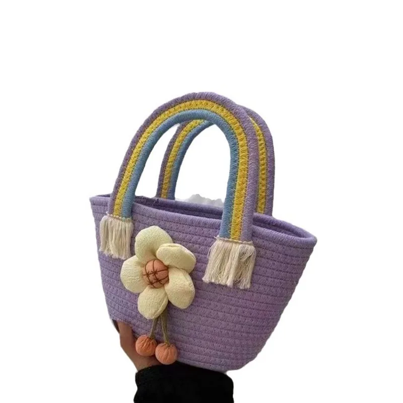 Flowers Rainbow Bags Cotton String Woven Partysu Handbag Wedding Gift Women\'s Bag All-Matching Western Style Hand Bag