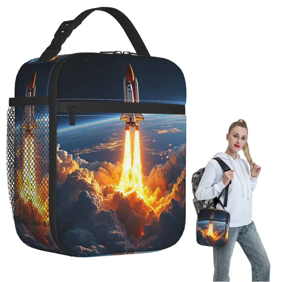 Space Shuttle Rocket Insulated Lunch Bag for Women Kids Portable Food Boxes Thermal Lunch Box Tote