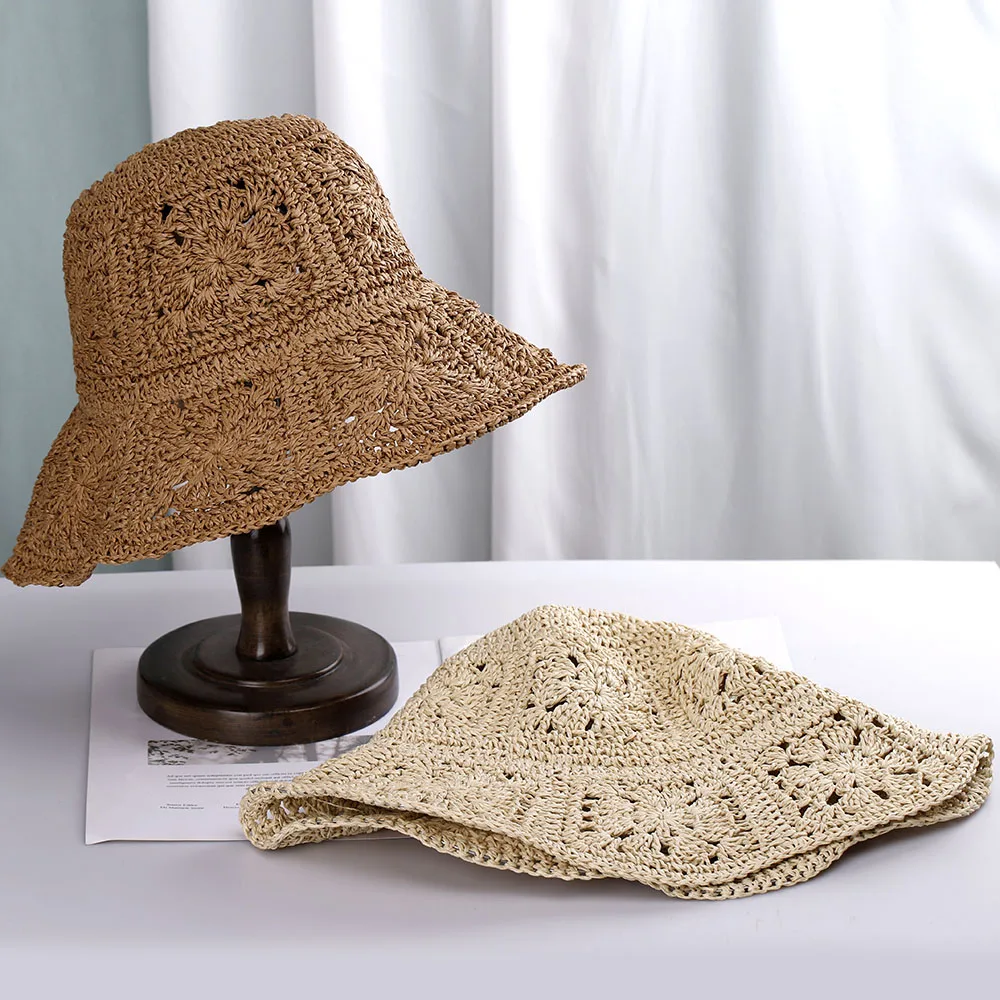 Womens Straw Hats crochet hat bucket hat  UV Protection Sun Visor Beach Hats Women Visors Foldable Female Women Summer Sun hat