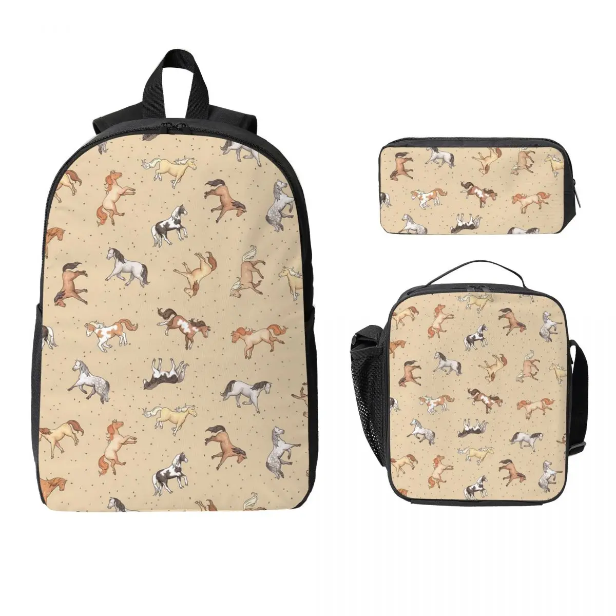 

Scattered Horses Spotty On Taupe Backpack Boys Girls BookBag School Bag Laptop Shoulder Bags 3ps Insulated Lunch Bag Pencil Case
