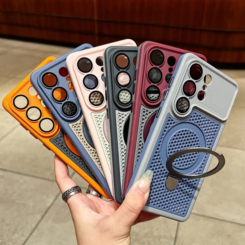 Honeycomb Mesh Heat Dissipation Magnetic Bracket Phone Case For Samsung Galaxy S25 S24 S26 Ultra For MagSafe TPU Skin Feel Cover