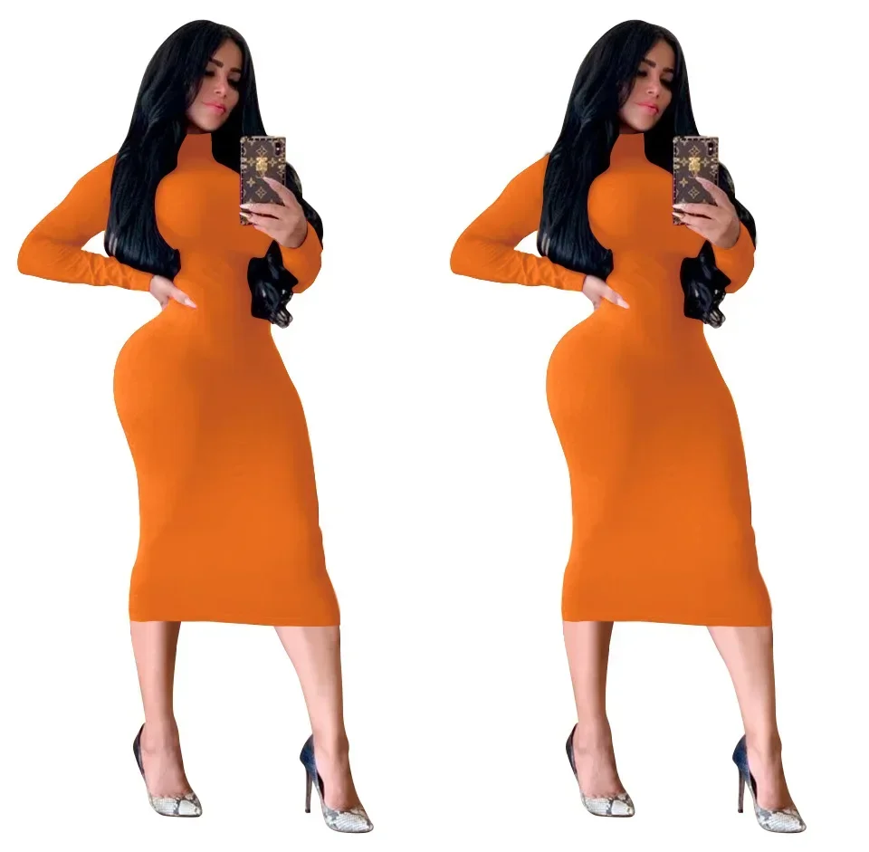 Sexy Solid Dress Women Dresses Full Sleeve Turtleneck Sheath Thick Long Skirts Slim Bodycon Hip Dresses Elegant Autumn Vestidos
