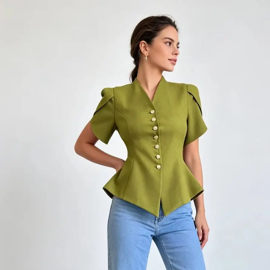 V-Neck Peplum Blazer Top with Puff Sleeves and Buttons
