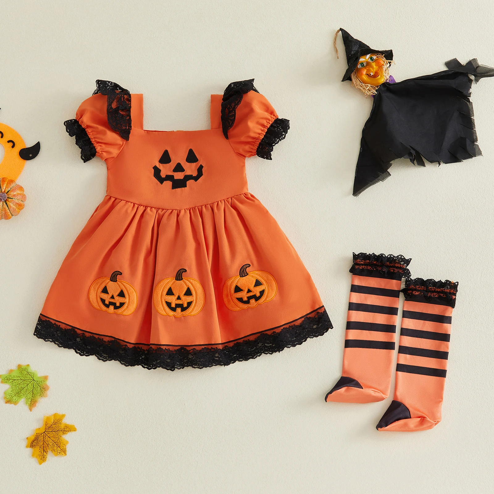 Toddler Girls Halloween A-line Dress Pumpkin/Spider Embroidery Short Sleeve Square Neck Dress with Striped Knee High Socks