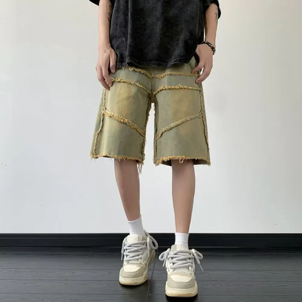 

Men Tassel Edge Denim Shorts High Street Style Men's Denim Shorts Mid-rise Tassel Edge Gradient Color Loose Fit Short Jeans