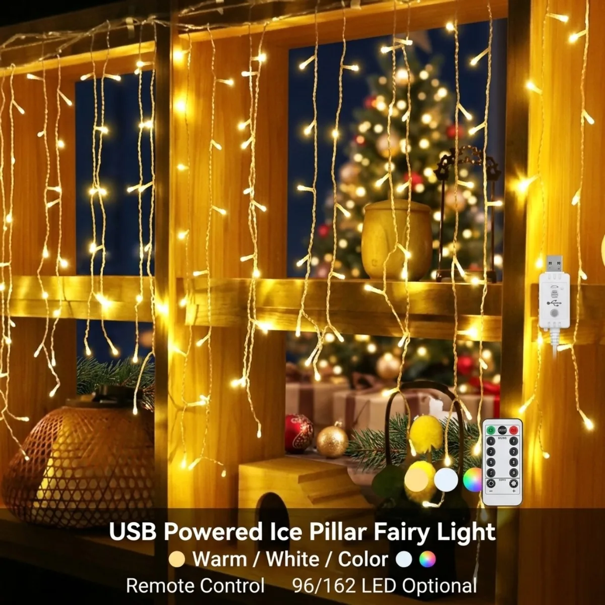 USB Powered Ice Pillar Fairy Light 3.5M Remote Control Christmas Curtain String Lights for Indoor Window Bedroom Home Decor