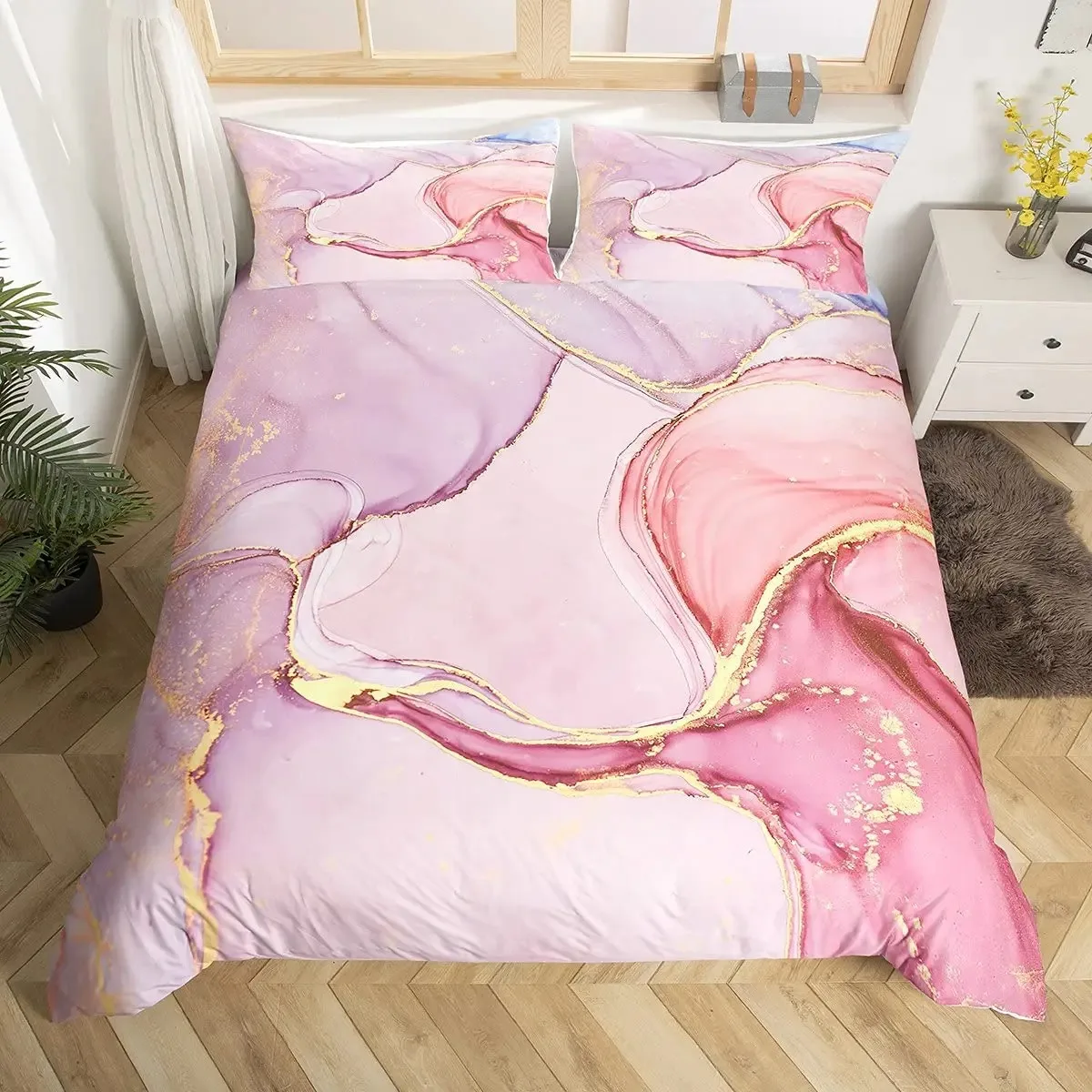 

Pink Marble Duvet Cover Set Ties-Bronzing Pink Bedding Set,Abstract Rose Golden Marble Soft Comforter Cover Queen Size