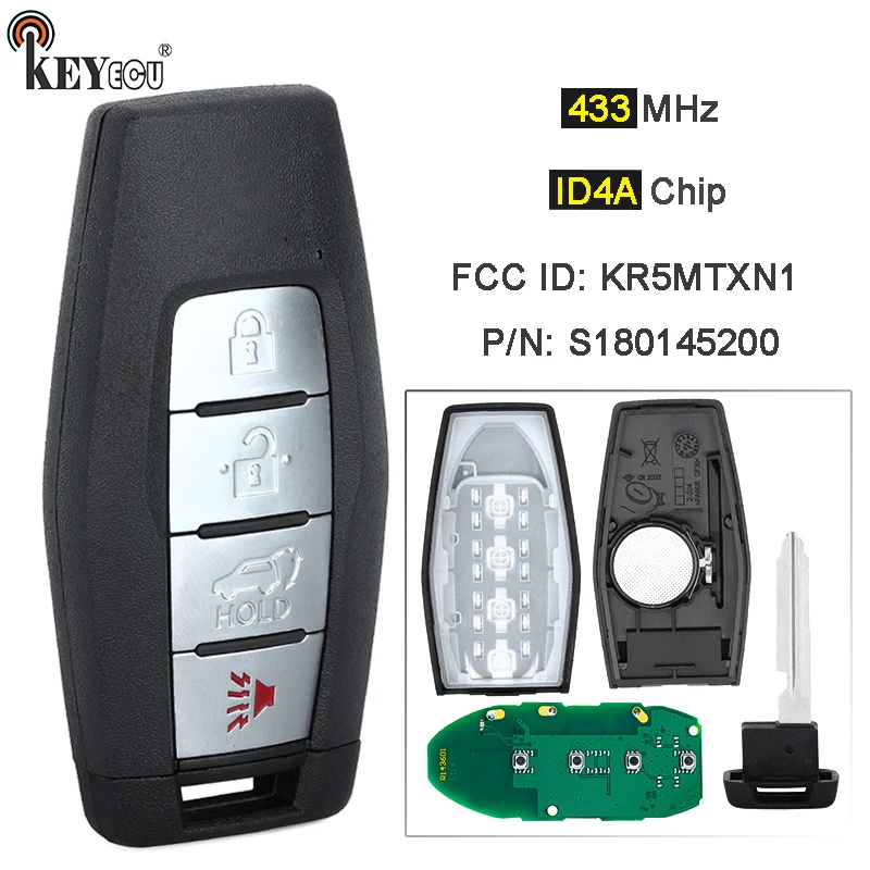 

KEYECU 433.92MHz 4A Chip FCC ID: KR5MTXN1, P/N: S180145200 Samrt Keyless Remote Key Fob for Mitsubishi Outlander 2021 2022 2023