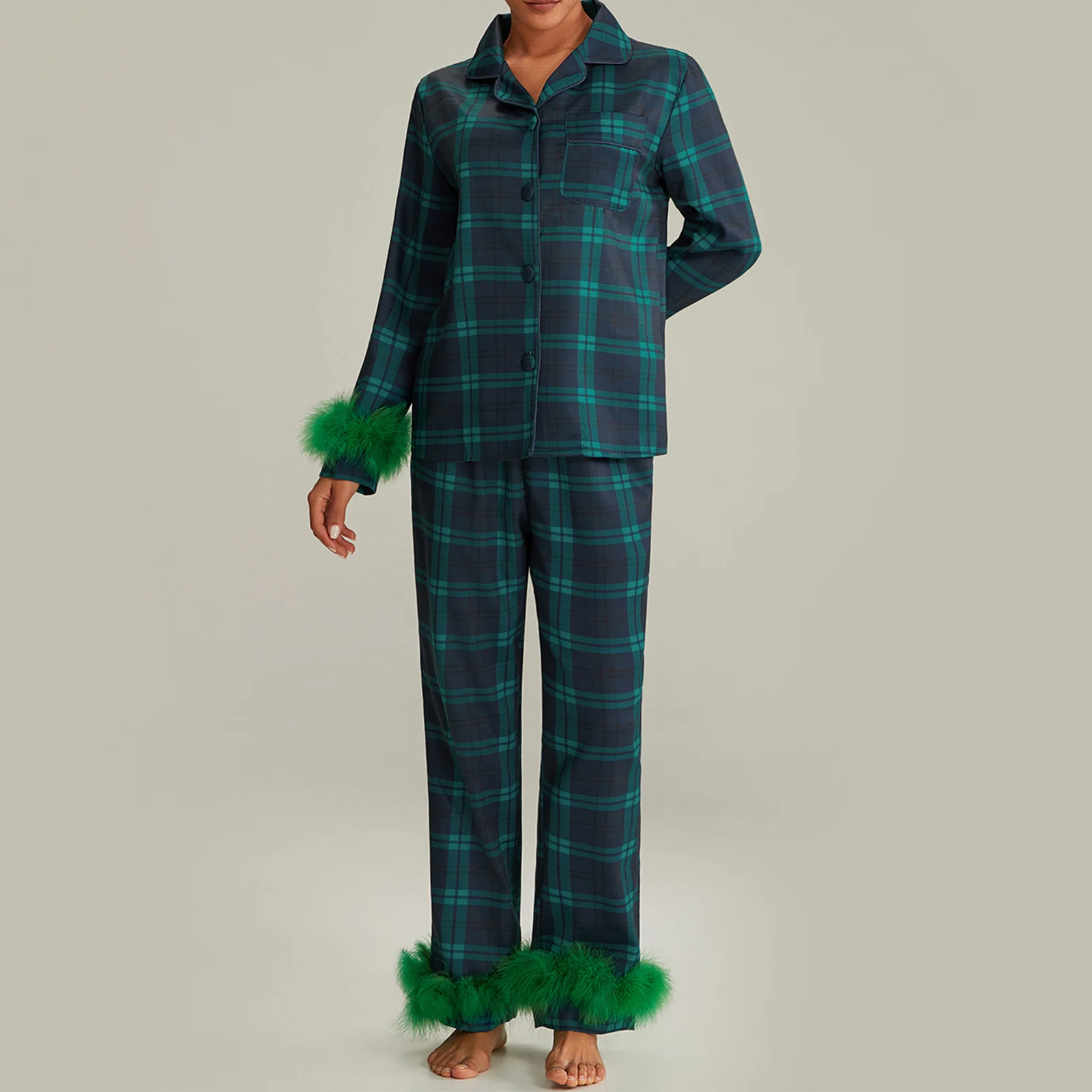 Women Christmas Feather Trim Pajama Sets Santa Claus/Plaid Long Sleeve Button Shirts Pants Loungewear Sets Soft Sleepwear