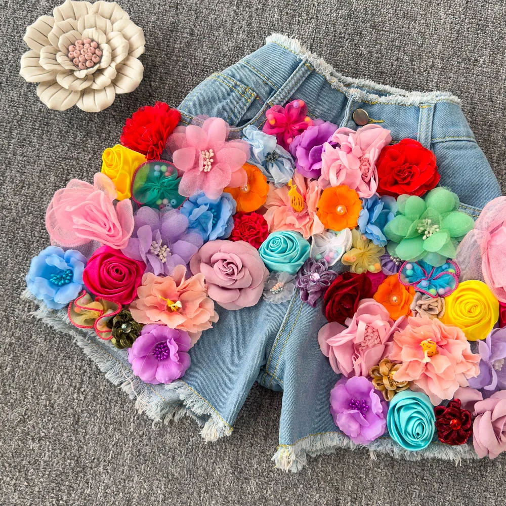 Women'S Wide Leg Jeans Shorts 3D Floral Female Shorts Jorts Sexy Streetwear Denim Shorts Y2K Vetement Femme Pantalones Cortos
