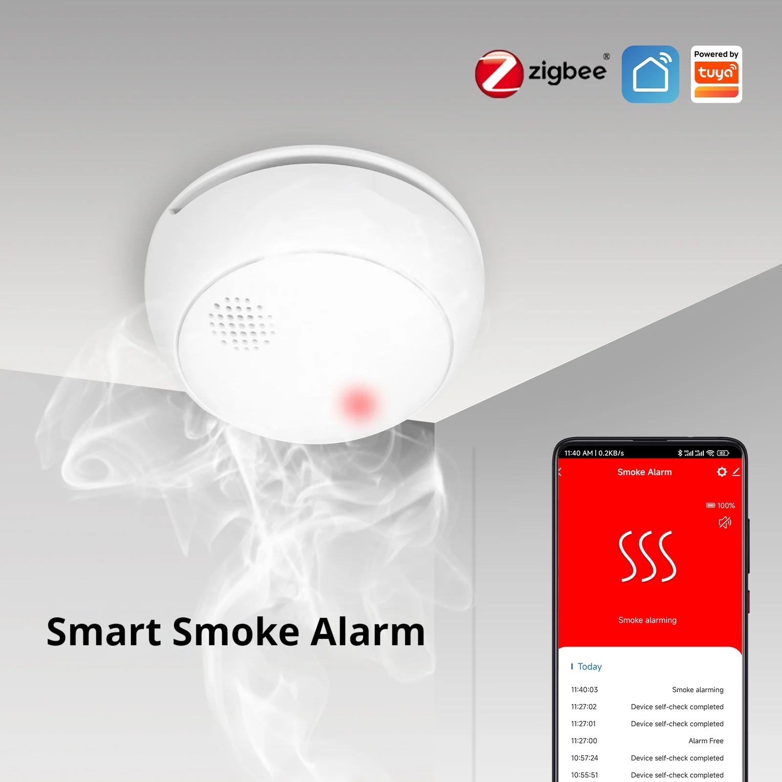 Tuya ZigBee Smart Smoke Alarm – Wireless Home Fire Detector with App Alerts