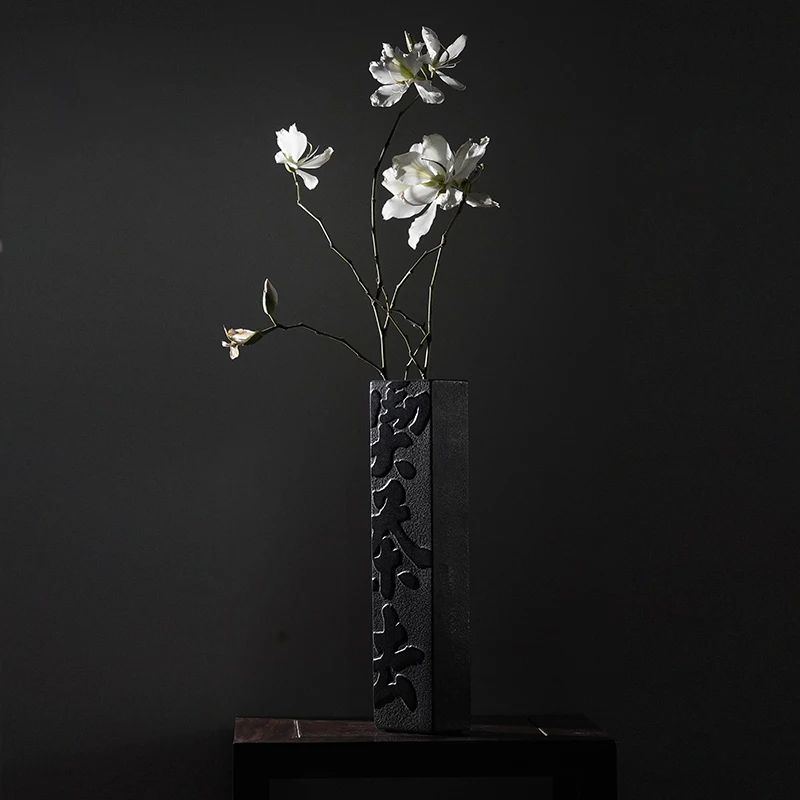 Steinvase 30cm Schwarzer Basalt Handgeschnitzte Zen Chinesische Kalligraphie Minimalistische Blumenvase für Teezeremonie Heim Büro Deko Geschenk – Detail 9