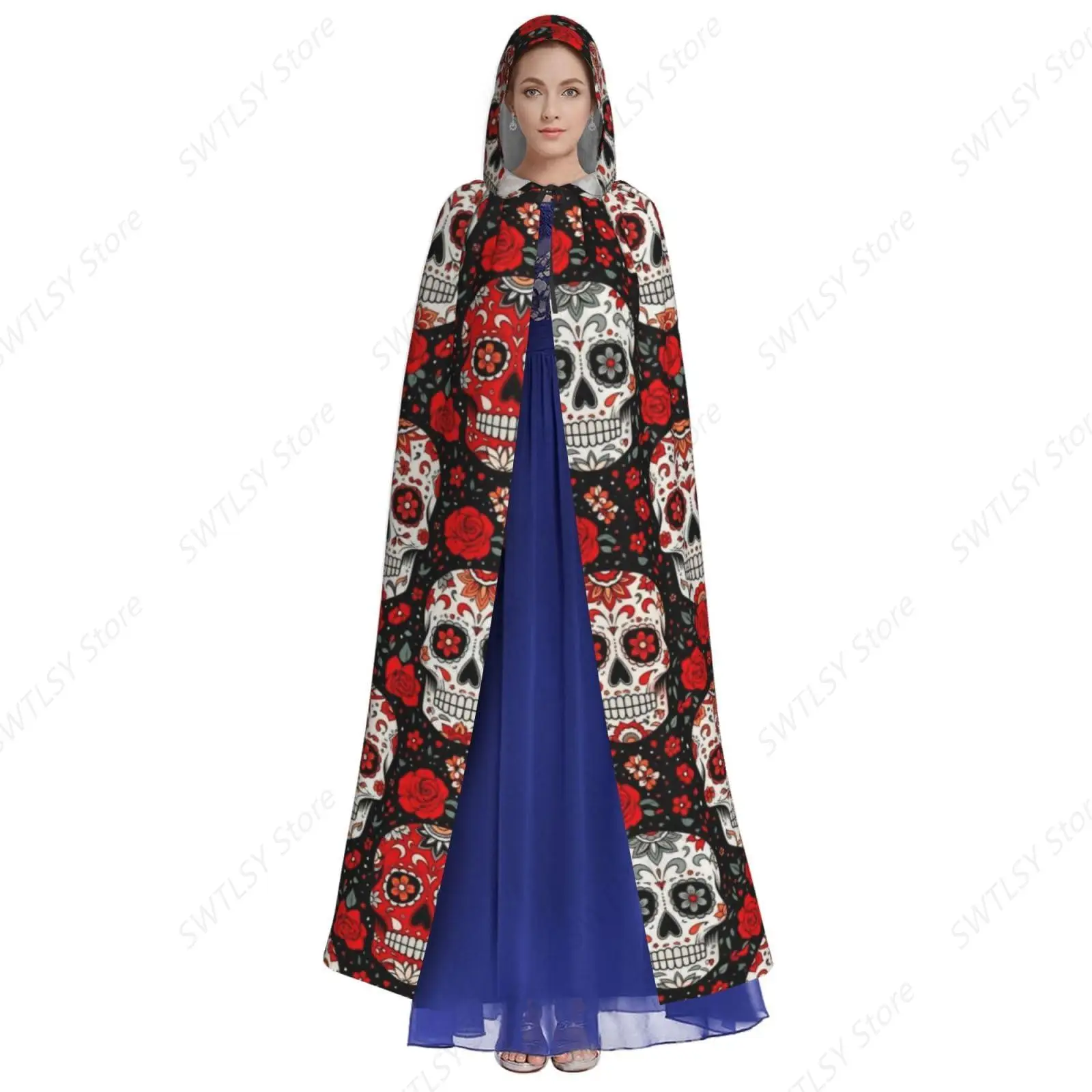 Women Men Day Dead Floral Rose Sugar Skull Robe Halloween Cosplay Costume Wizard Hooded Cloak Cape Compatible