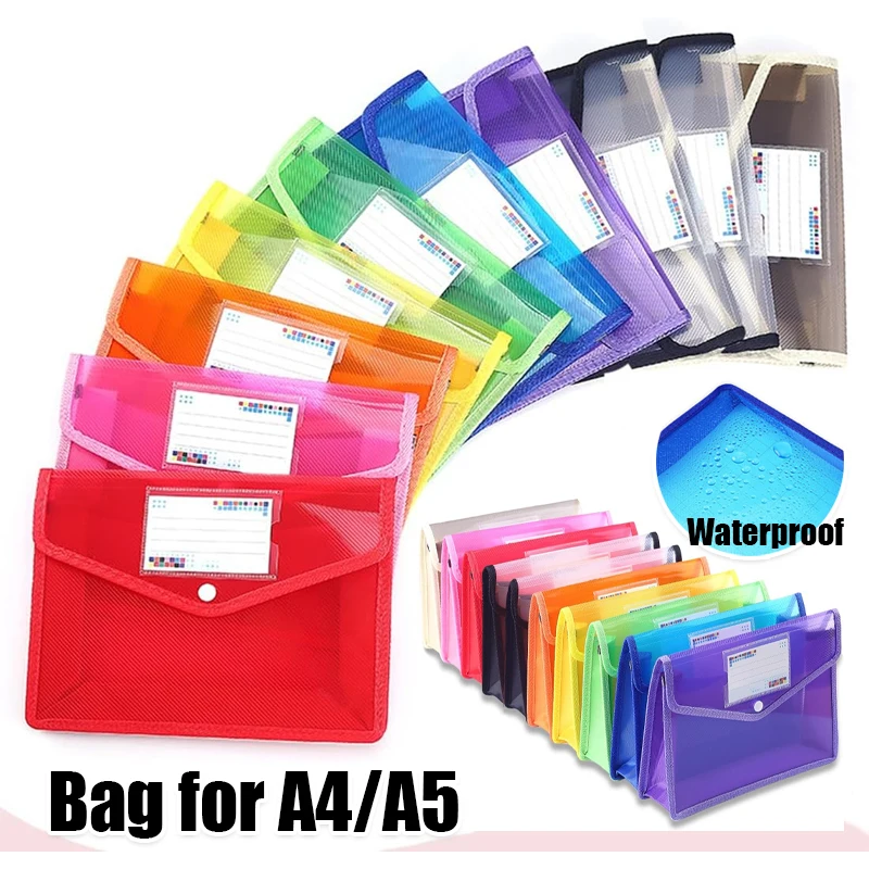 Plastic A4 Expandable File Folder Poly Envelopes Waterproof Transparent Pouch Snap Closure Label Pocket for School Organization