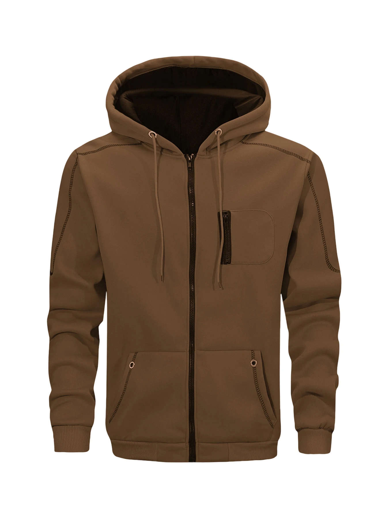 Mens Full Zip Hooded Sweatshirt Stitching Line Slim Fit Jacket Contrast Zipper Pockets Casual Daily Sport Coat