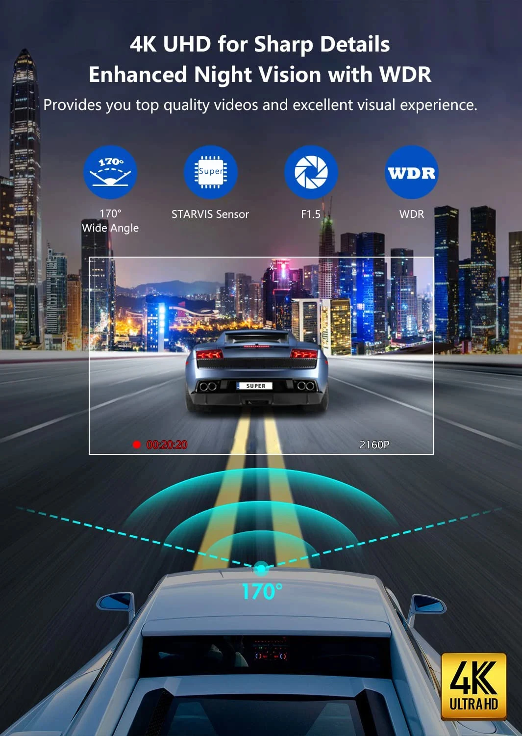 DashCam 4K Mini Auto-DVR-Videorekorder mit GPS-WIFI-Unterstützung, Dual-Objektiv 1080P Rückfahrkamera, Nachtsicht, Black Box, 24-Stunden-Parküberwachung – Detail 5