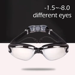 Gafas de natación antiniebla para adultos, lentes de silicona HD galvanizadas para miopía de-1,5 a-8,0, diferentes grados personalizados para ojo izquierdo y derecho