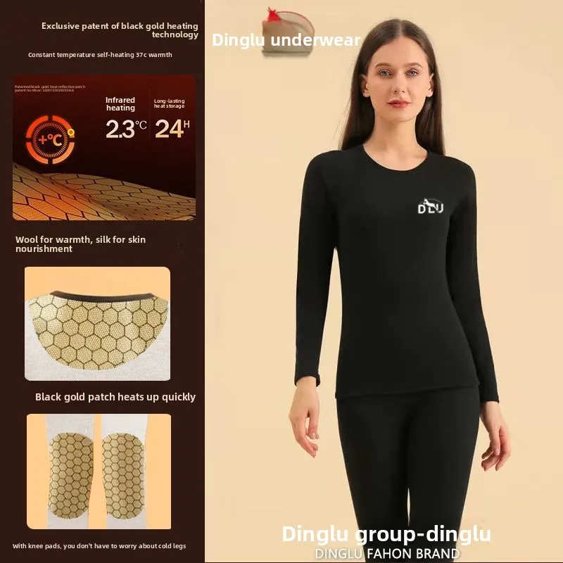 ชุดกันหนาวแบบให้ความร้อนด้วยตัวเอง Deer Black Gold Graphene สำหรับผู้ชาย ผลิตจากผ้าขนสัตว์และไหม พร้อมแผ่นรองเข่า ลองจอน ชุดนอนกันหนาวสำหรับฤดูหนาว