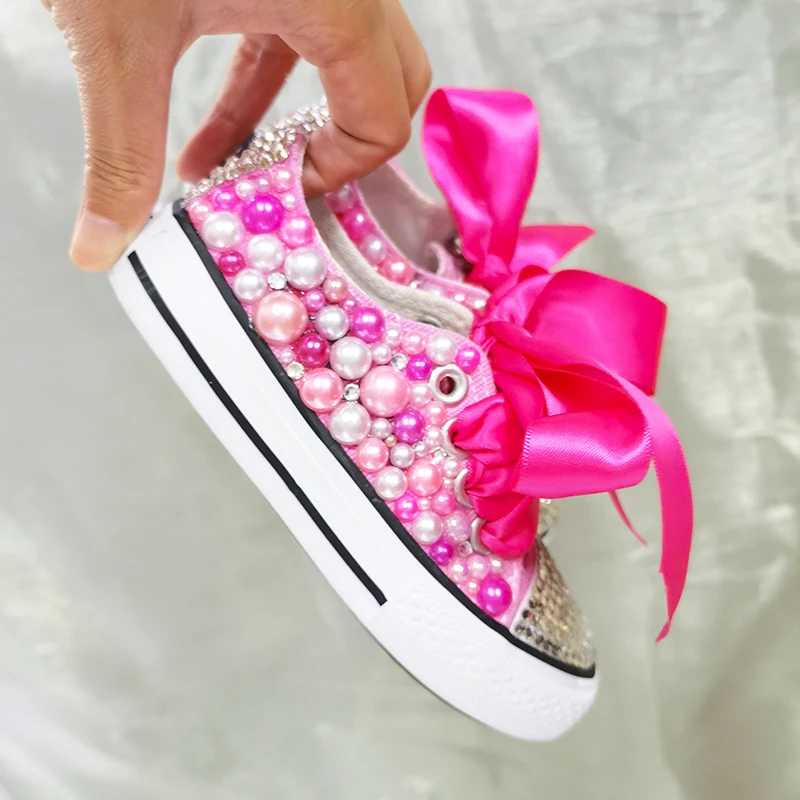 Low Top Pearls Shoes Kids Canvas Shoes DIY For Girl Communion Customized Shoes Dollbling Handmade Bling Rainbow Pearls Sneakers