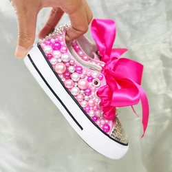 Zapatos de lona con perlas de caña baja para niños, zapatillas de deporte de perlas de arcoíris ostentosas hechas a mano, zapatos personalizados de comunión DIY para niñas